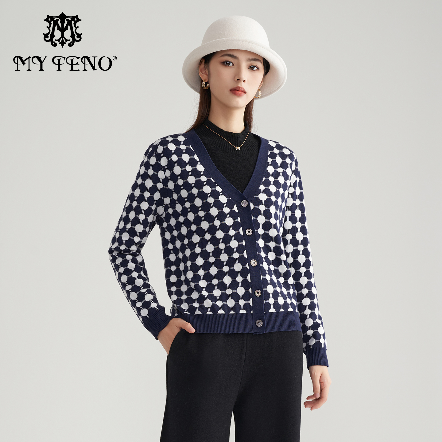 马天奴藏蓝色V领针织开衫