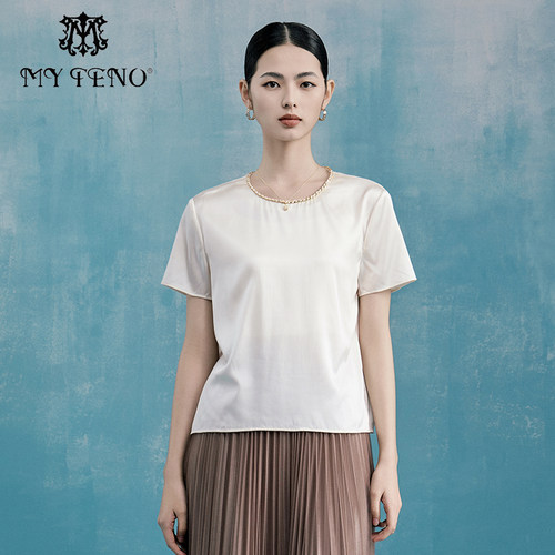 马天奴白色桑蚕丝圆领衬衫