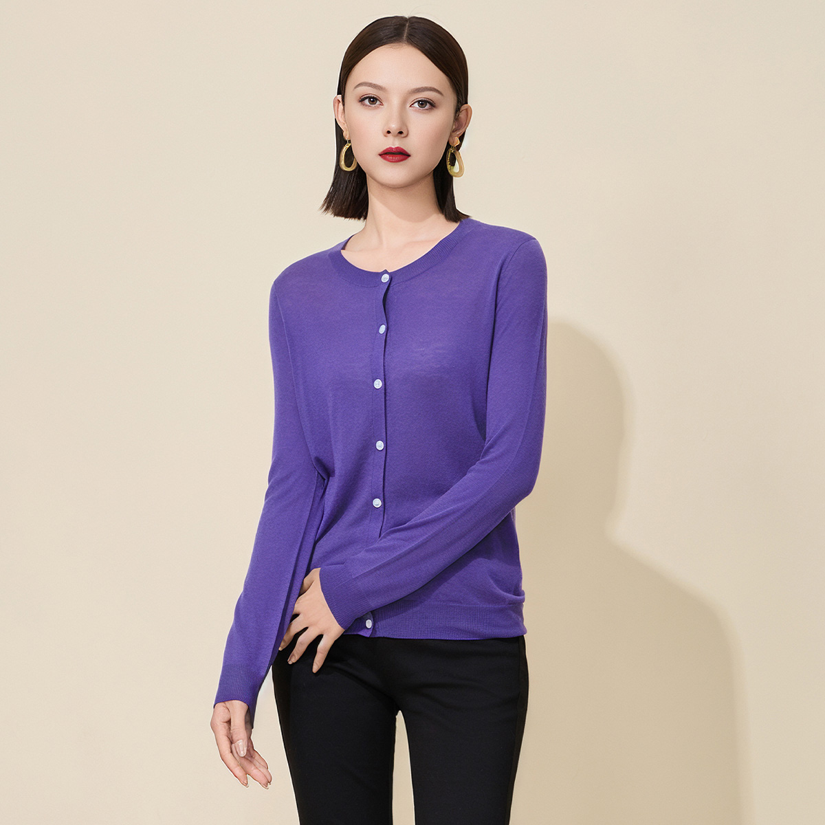 马天奴紫色绵羊毛针织开衫