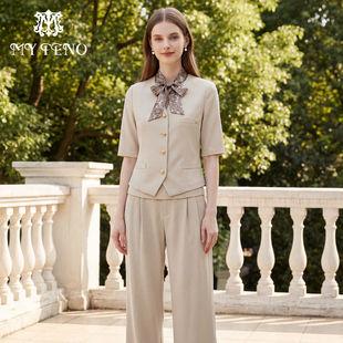 子配围巾三件套装 上衣直筒西裤 通勤 米白V领短袖 马天奴2026春新款