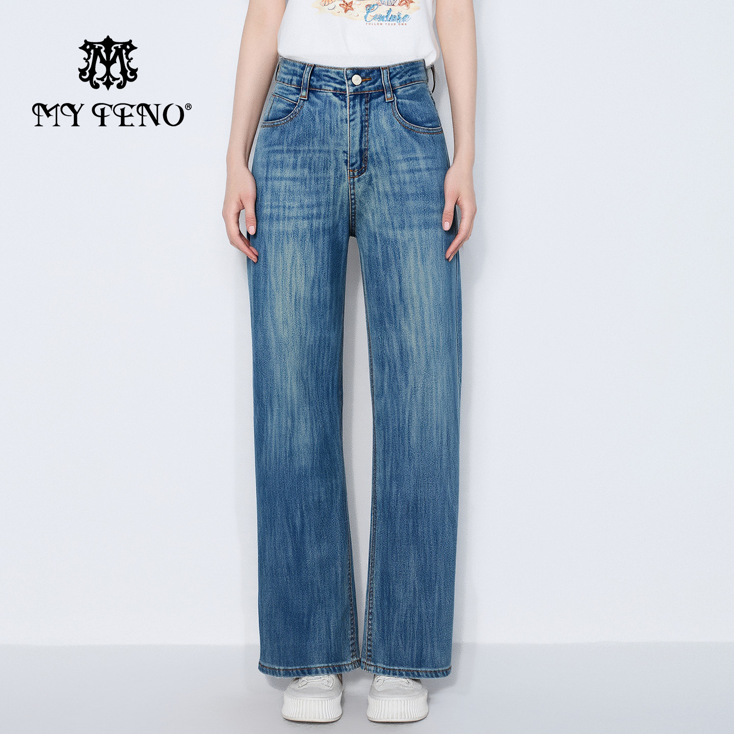 马天奴蓝色棉质高腰直筒牛仔裤