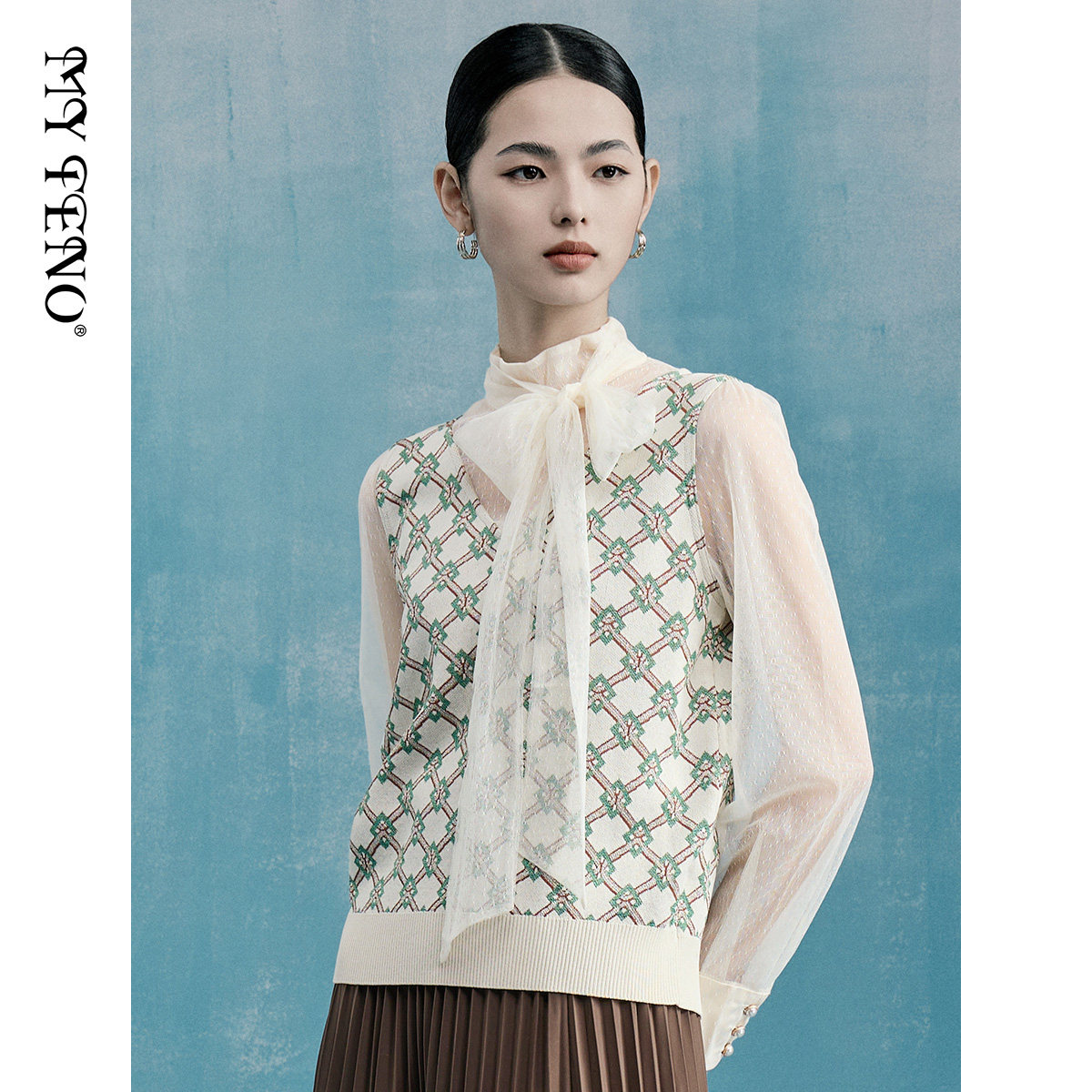 马天奴绿格蕾丝系带领针织衫