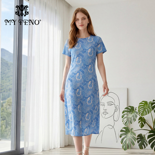 复古气质女装 连衣裙子长裙法式 彩蓝色印花短袖 马天奴2026春夏新款