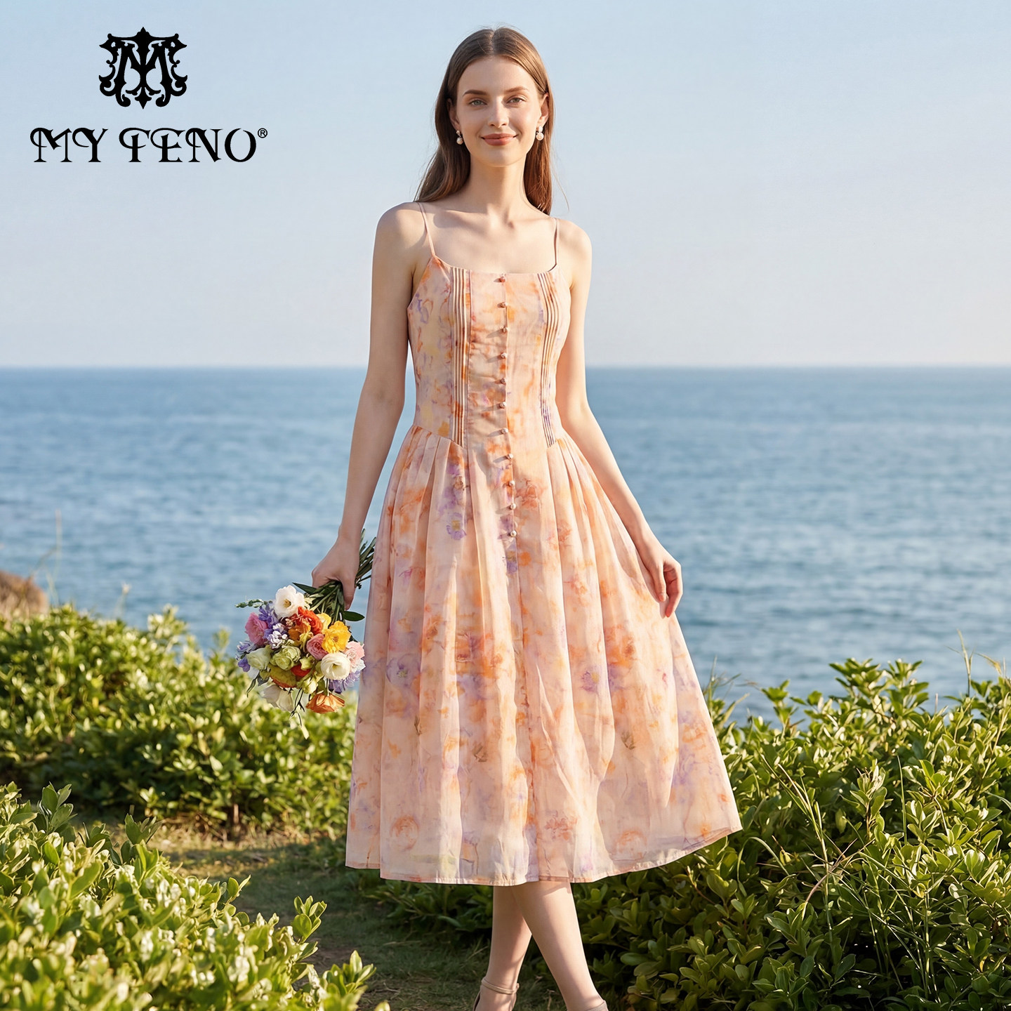 马天奴2026春夏新款印花吊带裙收腰连衣裙子长裙芭蕾风气质法式女