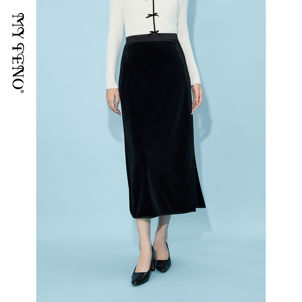 马天奴黑色丝绒松紧腰开叉半裙