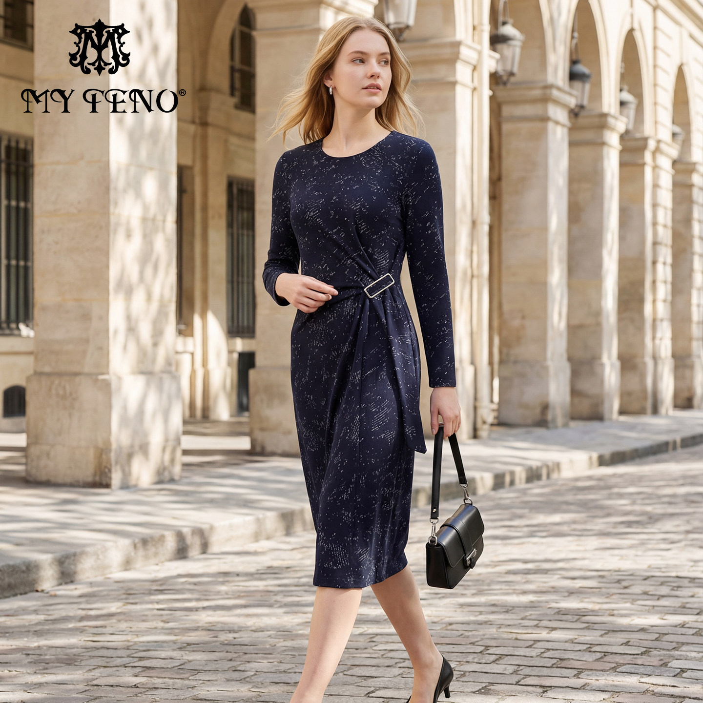 马天奴女装春秋新款圆领长袖提花针织连衣裙子收腰显瘦时尚气质