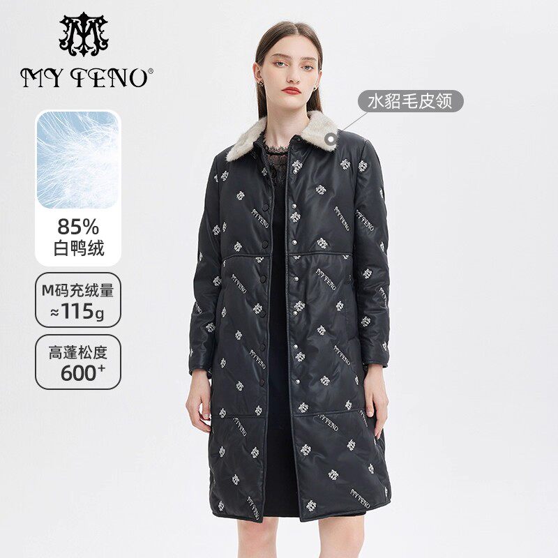 马天奴黑色水貂毛领刺绣羽绒服气质中长款保暖外套