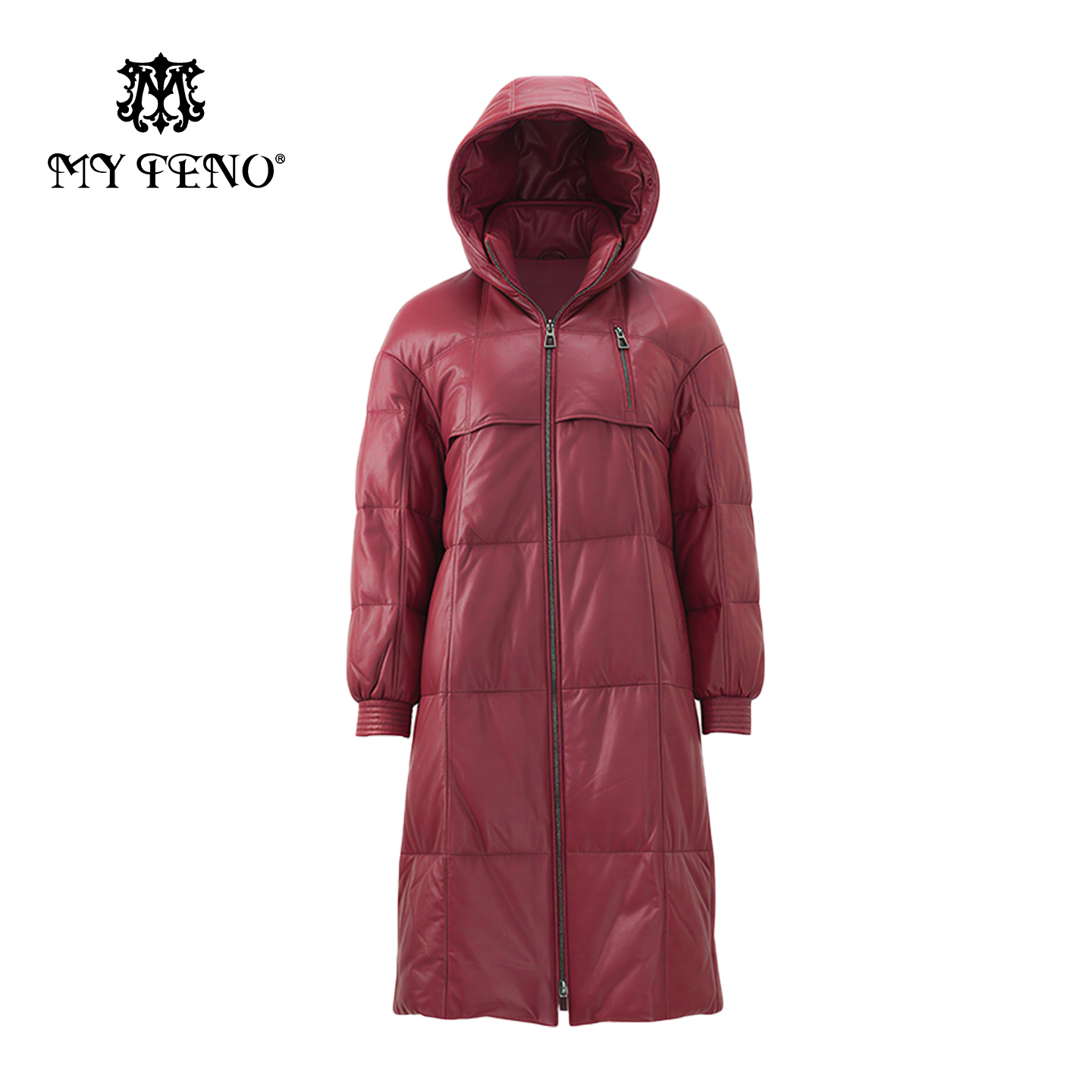 马天奴红色连帽绵羊皮羽绒服