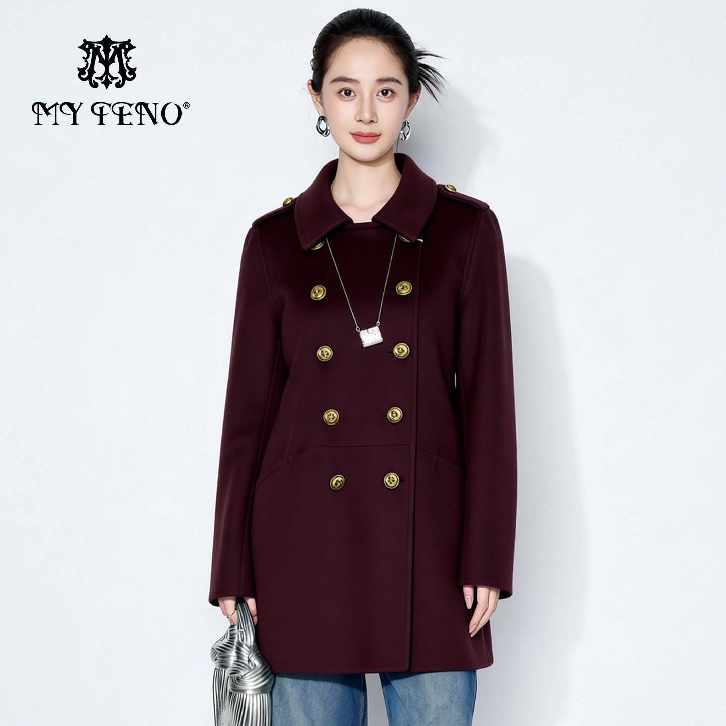 马天奴双排扣羊毛混羊绒呢大衣