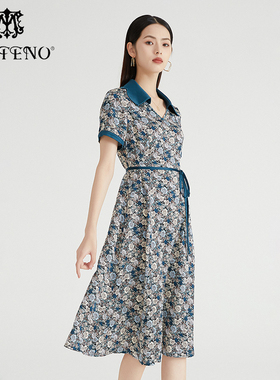 马天奴女装春夏新款墨绿色V领翻领印花连衣裙收腰长裙钉珠短袖