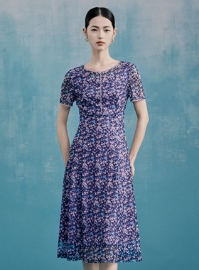 马天奴紫色印花网布连衣裙短袖圆领收腰坠感长裙子2024夏季新款