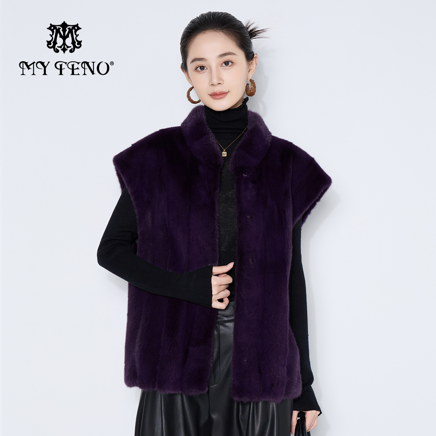 马天奴紫色立领水貂毛皮草马甲