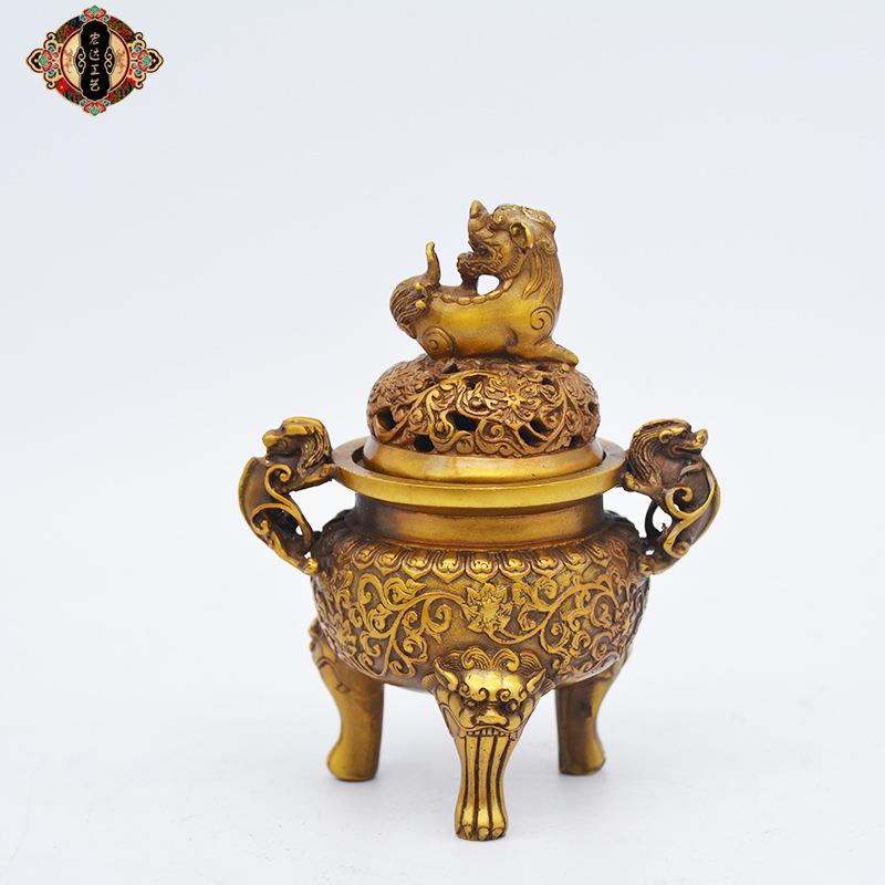 宏达铜器 仿古狮子二龙戏珠熏香炉地摊文玩摆件