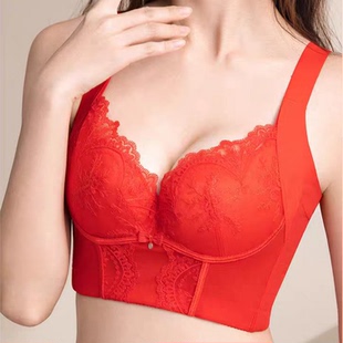 本命年红色上薄下厚小胸聚拢丰胸按摩精油水袋五排扣调整内衣文胸