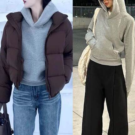 灰色短款卫衣女秋冬款2024新款连帽正肩穿搭加绒修身外套内搭上衣