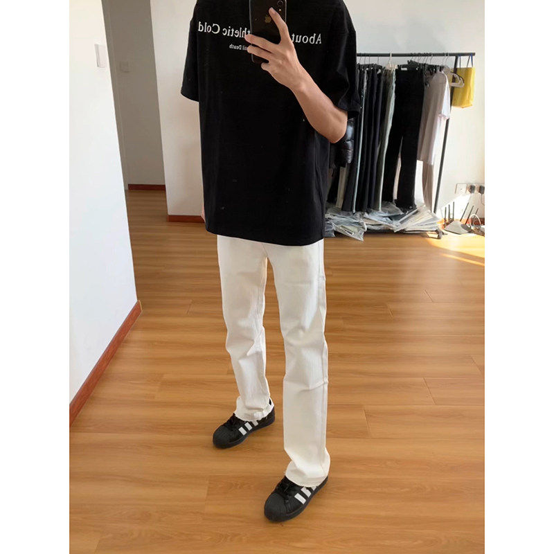 美式vibe风裤子痞帅高级感男cleanfit白色软牛仔裤修身直筒微喇裤