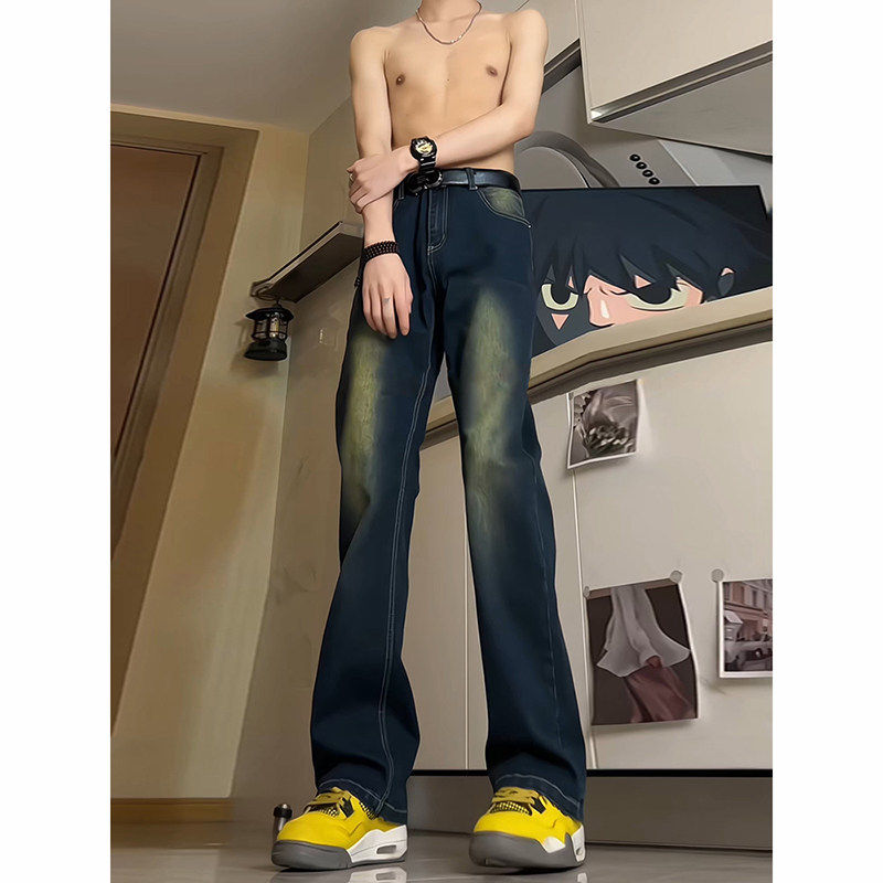 藏青色高腰牛仔裤男美式高街vibe裤子加长款高个子修身直筒微喇裤