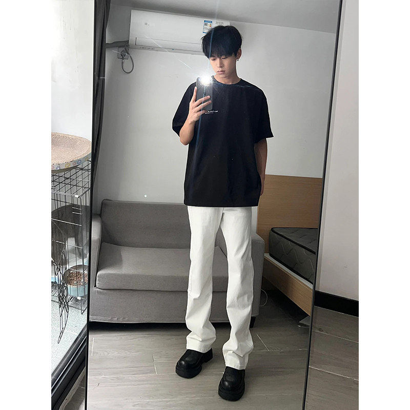 白色cleanfit设计感牛仔裤男夏季高个子显腿长裤子ootd穿搭直筒裤