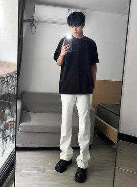 白色cleanfit设计感牛仔裤男夏季高个子显腿长裤子ootd穿搭直筒裤
