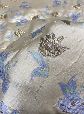 光泽微廓 蓝色花朵布料凹凸立体浮雕提花半裙套装手工diy面料