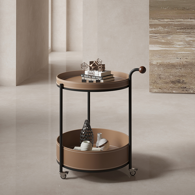 意式极简客厅可移动沙发边几茶几家用小圆桌创意马鞍皮推车置物架