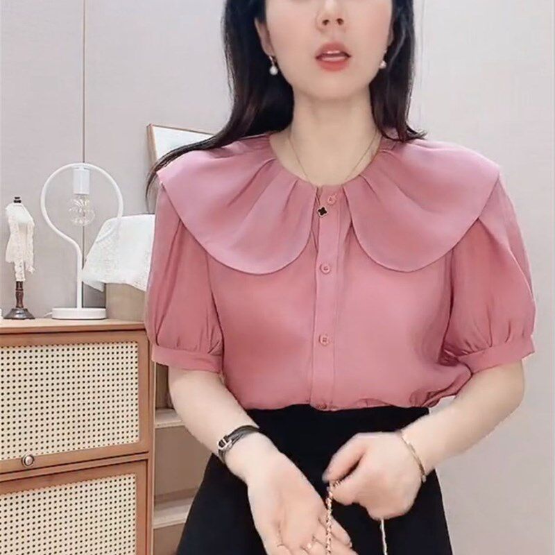 极速设计感木耳边短袖雪纺衬衫A女夏小清新宽松甜美小衫娃娃衫减