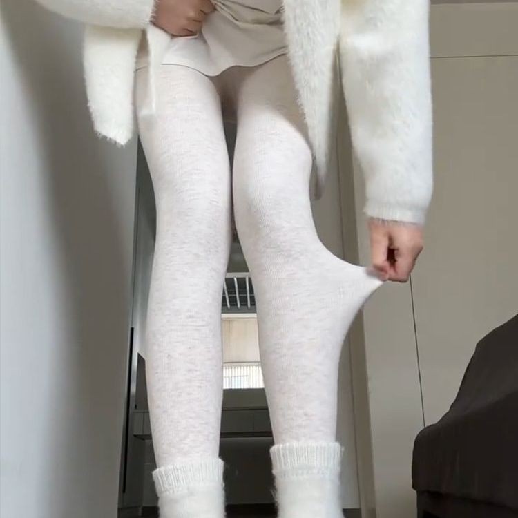 燕麦白色棉竖条纹打底裤女秋冬外穿加绒加厚保暖裤日系踩脚连裤袜