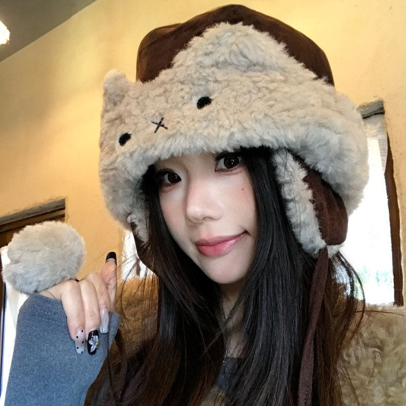 新款秋冬季毛绒护耳雷锋帽女加厚保暖显脸小包头帽户外防寒套头帽