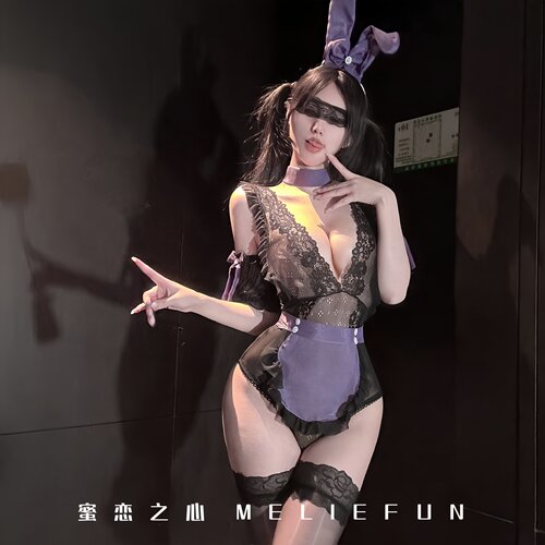 性感蕾丝深V兔女郎透视连体睡裙