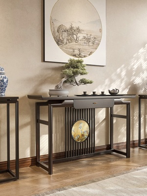 新中式实木玄关桌入户靠墙佛台供桌案几禅意黑胡桃玄关台中堂条桌