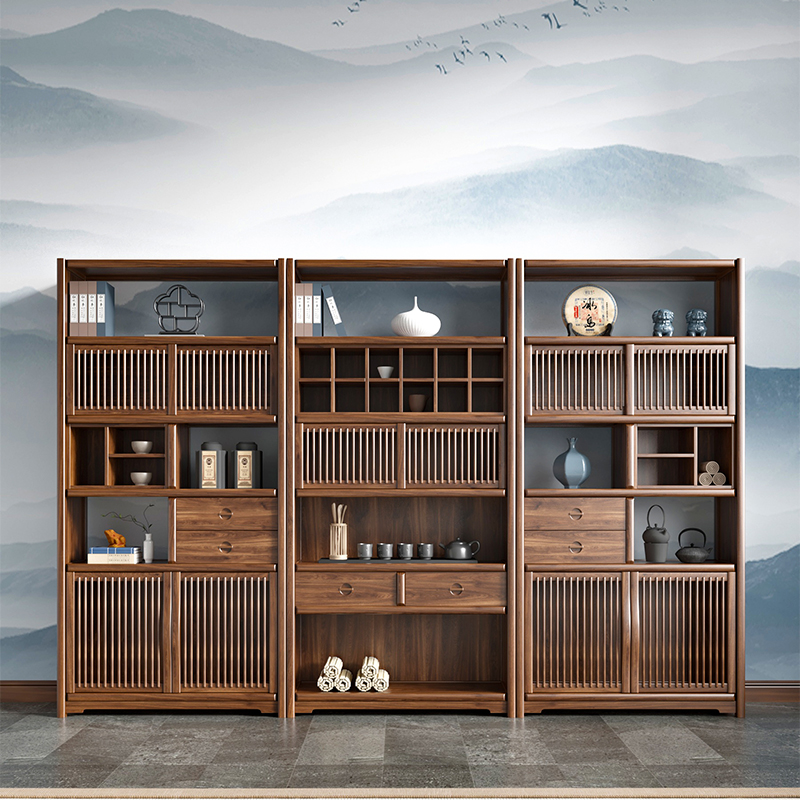 新中式茶叶柜黑胡桃置物架实木书