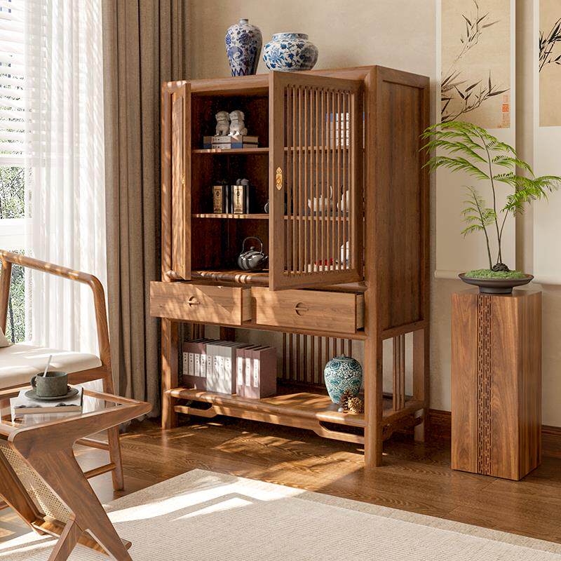 新中式博古架多宝阁实木柜胡桃色立柜茶叶茶具收纳柜茶室茶边高柜,住宅家具,餐边柜,淘宝优惠券,粉丝福利购,淘宝优惠卷