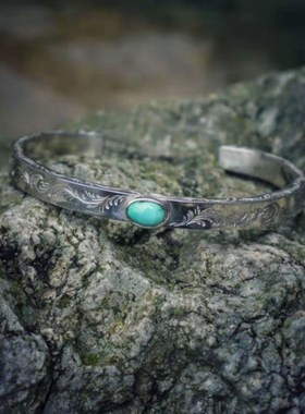 复古印第安开口手镯男女时尚花唐手B镯松石银饰95银非鹫见高桥手