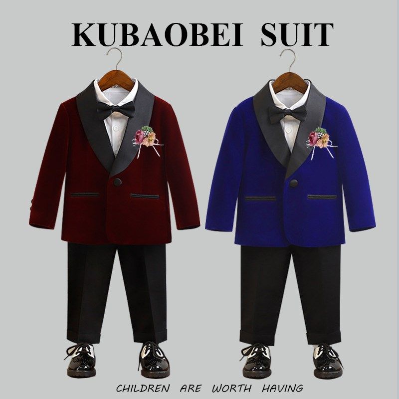儿童西装套装秋冬花童婚礼服男童丝绒西服外套小主持人钢琴演出服