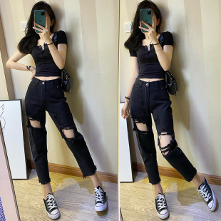 黑色破洞牛仔裤女2021新款宽松乞丐韩版bf风宽松哈伦裤九分老爹裤