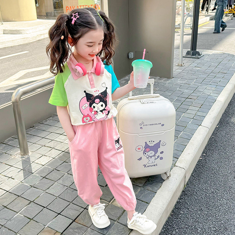 女童套装b2024新款春秋库洛米撞色短袖中小童女宝宝休闲百搭两件