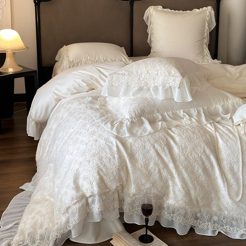 公主风纯棉d100支长绒棉四件套法式蕾丝刺绣花边被套全棉床上用品