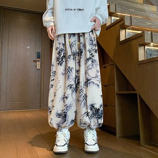 中国风束脚灯笼裤 冰丝花裤 垂感休闲长裤 水墨扎染新中式 潮 子男夏季