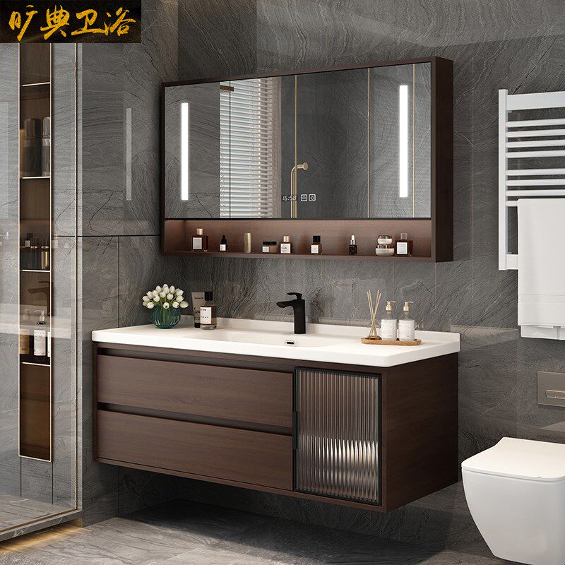 新中式橡木浴室柜组合智能镜柜陶瓷一体盆卫生间洗手池洗脸台盆柜