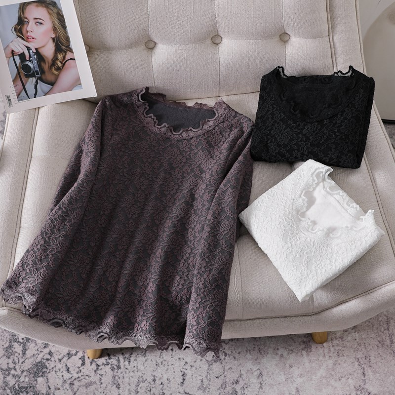 女秋冬长袖打底衫加绒蕾丝圆领套A头内搭薄绒防寒保暖加厚上衣大