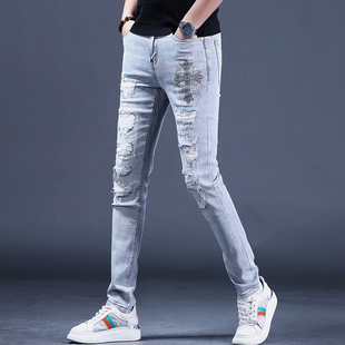 破洞男士 烫钻牛仔裤 男裤 2024新款 子修身 款 休闲裤 小脚高端潮牌 夏季