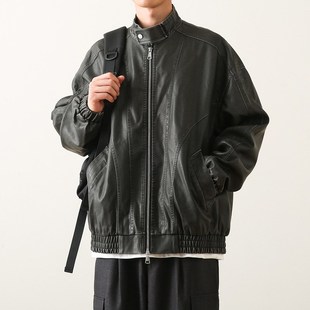 秋季 日系复古水洗做旧立领夹克男宽松潮流机车皮衣休闲pu外套 新款
