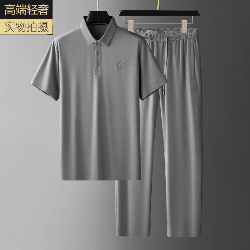 两件套高端铜氨丝男士休闲套装夏季薄款宽松大码中年爸爸翻领短袖