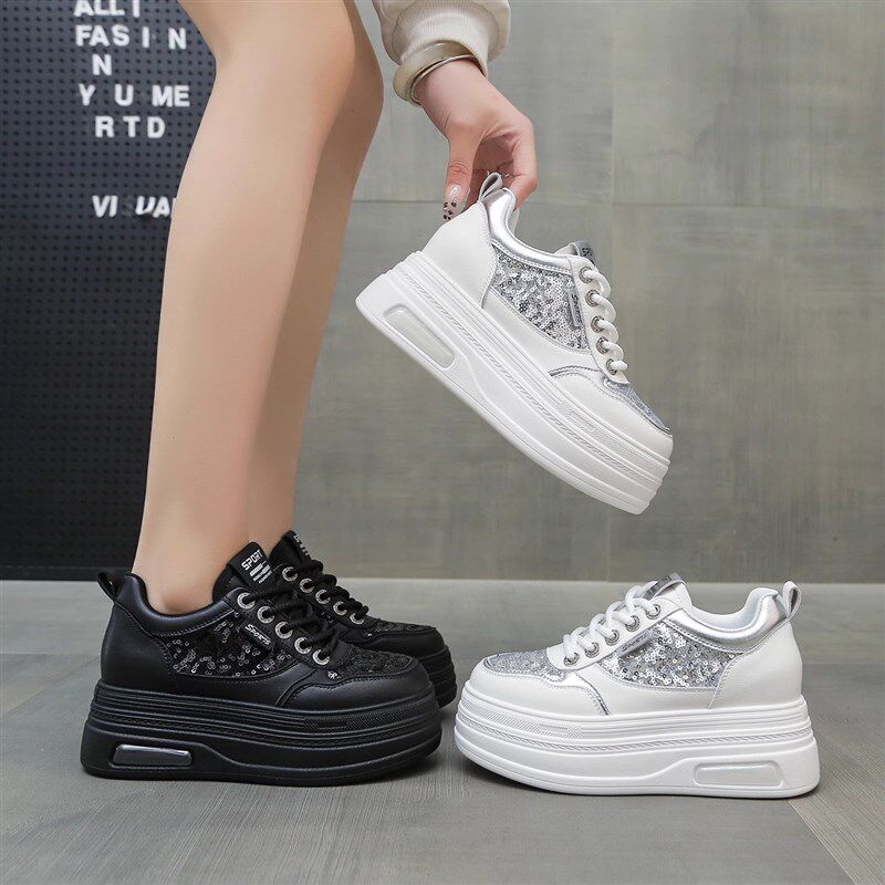 亮片松糕c厚底透气小白鞋女2025春季新款小个子内增高运动休闲板