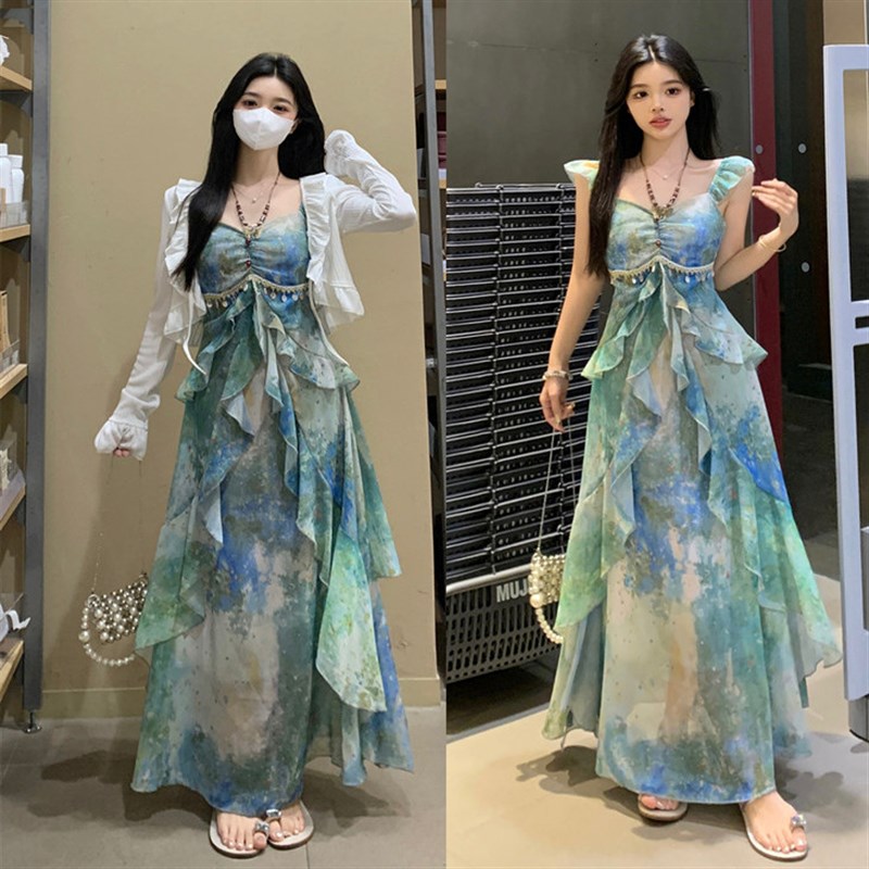 林间浮夏夏季新款吊带气质连衣裙女夏季印花雪纺R显瘦遮肉连衣裙