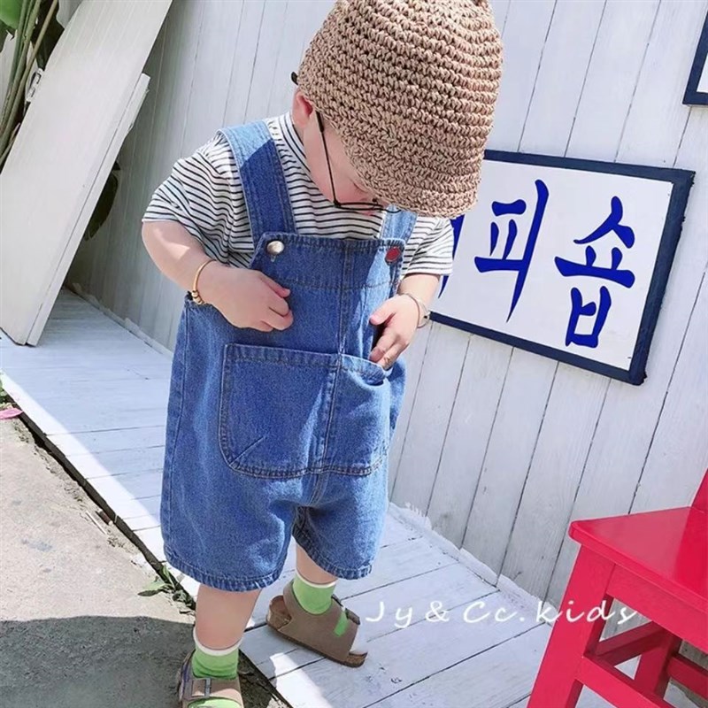 儿童背带裤夏季宝宝薄款软牛仔短裤男童中K小童韩版女童洋气套装