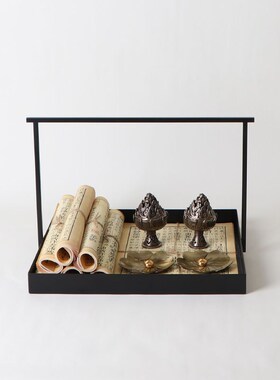 新中式方形铁艺托盘书卷组合摆件样板房展厅会所茶几茶室软装饰品