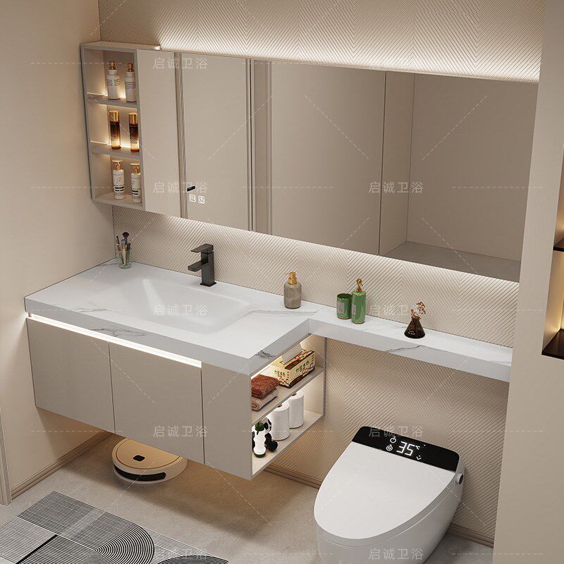 岩板热弯一体盆浴室柜组合定制洗脸盆柜切角洗手池延长台面卫浴柜
