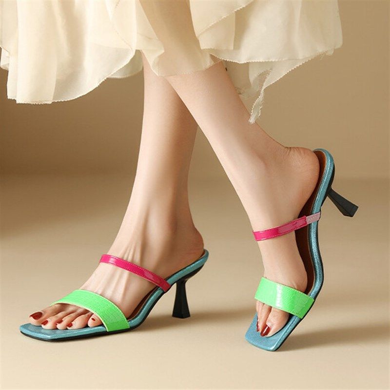 时尚甜美拼色高跟凉鞋小清新猫跟撞色凉拖鞋大码44 45 46 47 48