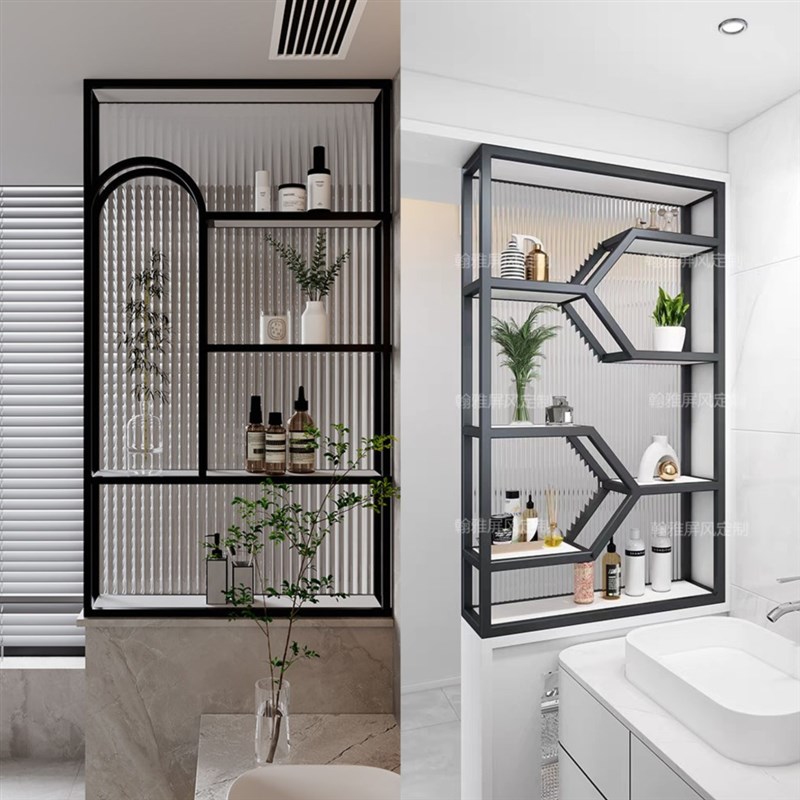 现代简约化妆室半墙玻璃隔断铁艺置物架洗漱台客厅不锈钢屏风定制
